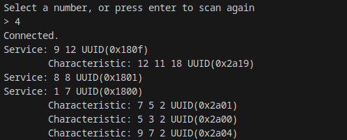 List of bluetooth services and attributes on the device