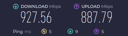 Screenshot of a speed test showing a download speed of 927.56Mbps
